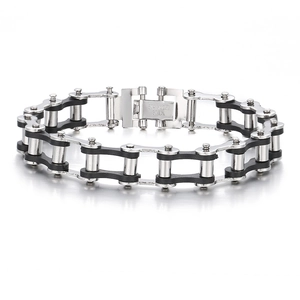 Men's silver and black stainless steel bicycle chain bracelet with rubber links