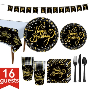Birthday Party Tableware And Decorations Banner Plates Cups Napkins Tablecloth Disposable Black Gold Pink Adult Celebration