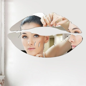Detail showing lip-shaped acrylic mirror stickers with clear reflective surface and fun design