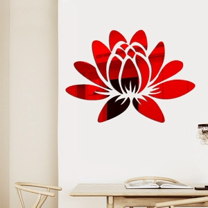 Self-adhesive 3D lotus mirror wall sticker in red acrylic for home decor, 35x25cm
