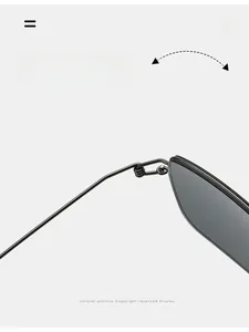 Detailed close-up of the durable metal hinge on these ultra-light dark grey sunglasses