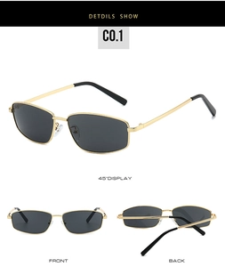 Detailed views of gold metal square frame sunglasses with dark lenses from multiple angles