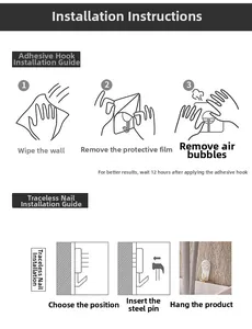 Installation guide for traceless wall hooks showing adhesive and nail mounting steps