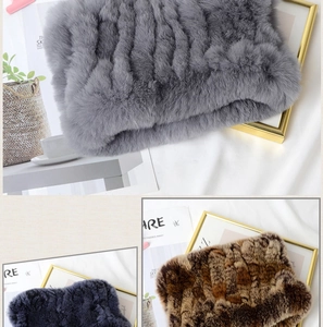 Detailed view of rex rabbit fur neck warmers in grey, navy blue, and leopard print colors