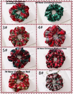 Detailed grid view of 8 different Christmas themed fabric hair scrunchies in festive patterns
