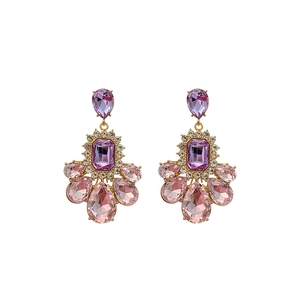 Elegant long drop earrings with purple and pink crystals in a gold-plated setting