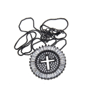 Cross pendant necklace with white zircon in black nickel finish on a white background