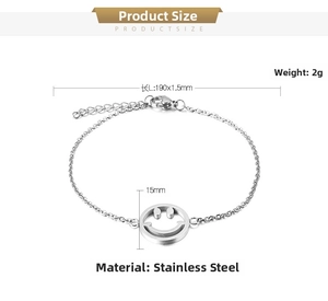 Detaillierte Maße des silbernen Edelstahl-Smiley-Anhängers Armbands mit 190mm Länge
