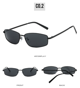 Three-view layout of retro metal rectangular sunglasses showing frame and temple details