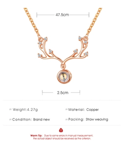 Detailed product dimensions for rose gold reindeer necklace with 100 languages projection stone