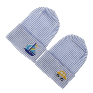 Detail of two-piece striped baby knit hats featuring sailboat and car embroidery
