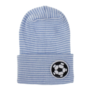 Newborn baby knit beanie with blue and white stripes and soccer ball embroidery
