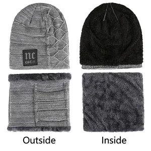 Winter knitted hat and scarf set with fleece lining and NC patch in black and grey