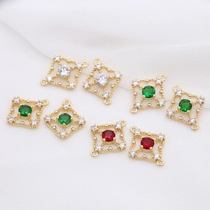 14K gold plated square zircon connectors for DIY jewelry making in green, red, and white
