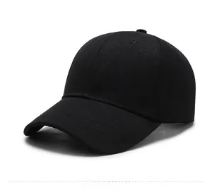 Side view detail of black twill cotton baseball cap showing six-panel structure and vent holes