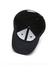 Detail view of black baseball cap interior showing cotton fabric and reinforced front lining