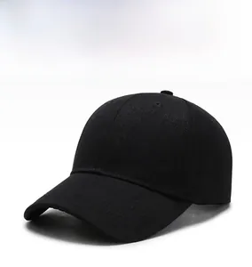 Detail view of the black cotton twill baseball cap with six-panel construction and eyelets