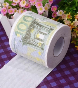 Detailed close-up of a novelty toilet paper roll printed with a 100 Euro banknote design