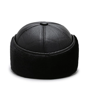 Winter baseball cap for men featuring black faux leather top and warm faux fur ear flaps