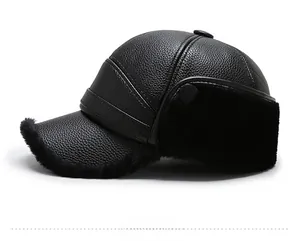 Side view detail of black leather winter baseball cap with plush earflaps and warm lining