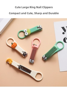 Macro view of cute cartoon nail clippers with large finger rings and fruit charms