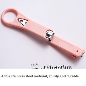Detailed view of pink long-handle ABS and stainless steel nail clipper with ring hook