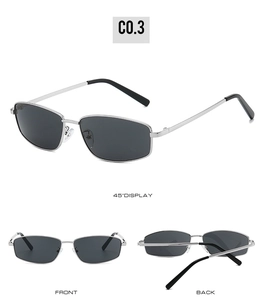 Three-view display of vintage metal square sunglasses with silver frames and dark lenses