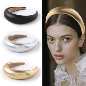 Wide Padded Headband PU Leather Sponge Filled Solid Color Metallic Retro Hair Hoop For Women Girls