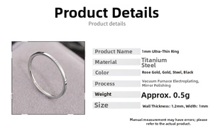 Detail showing 1mm titanium steel slim ring specs in rose gold, gold and silver finishes