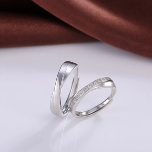 Minimalist silver wavy couple rings with sparkling zircon inlay and adjustable open band