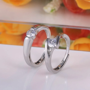 Adjustable couple ring set with silver finish and sparkling round cubic zirconia stones