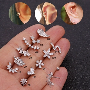 Stainless Steel Zircon Flower Cartilage Stud Earrings Double Sided Threaded Ball Piercing Jewelry Sparkly Small Minimalist
