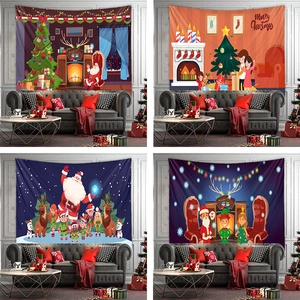 Christmas Tapestry Polyester Wall Hanging Cartoon Santa Reindeer Printed Background Cloth Festive Home Room Decor