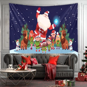 Detailed view of large Christmas tapestry with cartoon Santa and reindeer over a sofa
