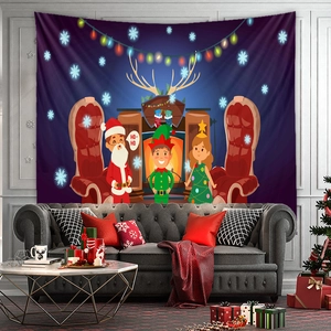 Close-up of Bohemian Christmas tapestry with festive fireplace and cartoon scene on dark purple