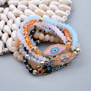Handmade Miyuki seed bead Evil Eye bracelet set with colorful faceted crystals