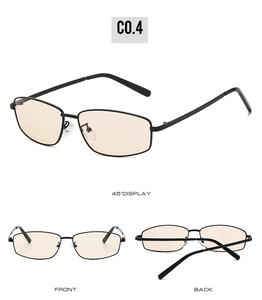 Detailed views of vintage square metal frame sunglasses with light yellow lenses in 3 angles