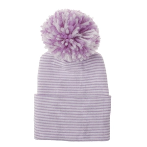 Detailed view of soft purple and white striped knit baby beanie with a large fluffy pompom