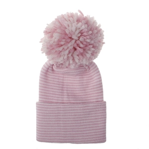 Detailed view of soft striped pink knit texture and fluffy pom-pom on newborn beanie