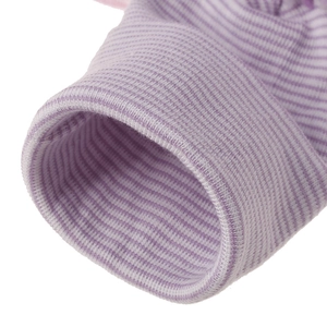 Macro detail view of purple striped knit newborn hat showing ribbed cuff texture