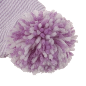 Close-up of soft purple and white striped knitted newborn hat with pom-pom