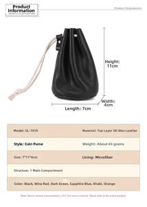 Detailed size chart and dimensions of the retro oil wax leather drawstring coin purse