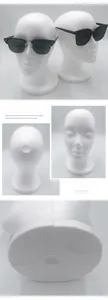 Detailed views of a white foam female mannequin head for displaying hats and glasses