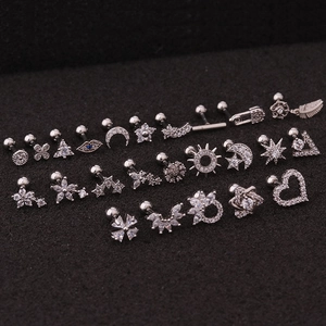 Silver stainless steel stud earring set with zircon in moon star and flower shapes