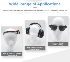 Detail view of foam mannequin head displaying headbands, headphones, and fashion glasses