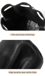 Detail of precision stitching and high quality black wax cattle hide on a pouch