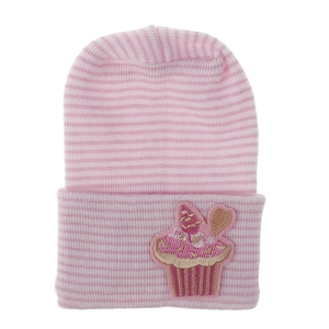 Detailed view of pink and white striped baby knit hat with cupcake embroidery patch