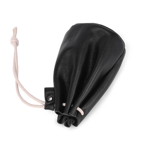 Japanese style black leather drawstring pouch for coins and lipstick storage