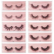 Detail showing 10 styles of 3D synthetic false eyelashes in a pink packaging box