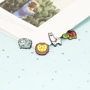 Cartoon enamel animal pins set featuring alpaca, sheep, turtle and hedgehog designs